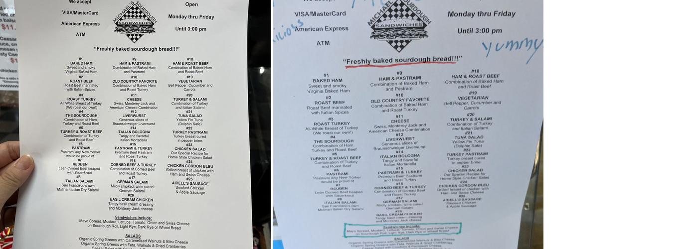 Michael's Sourdough Sandwiches Menu