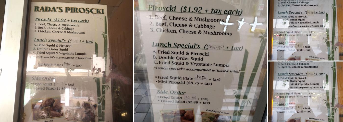 Rada's Piroscki Menu