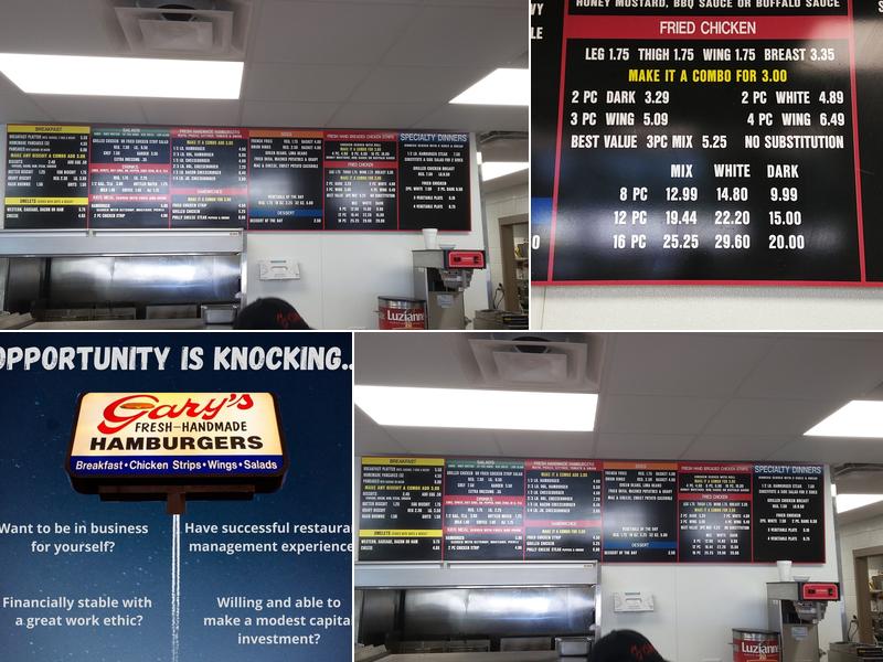 Gary's Hamburgers Menu