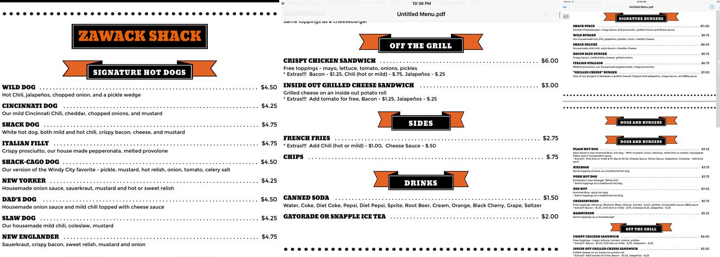 Zawack Shack Menu