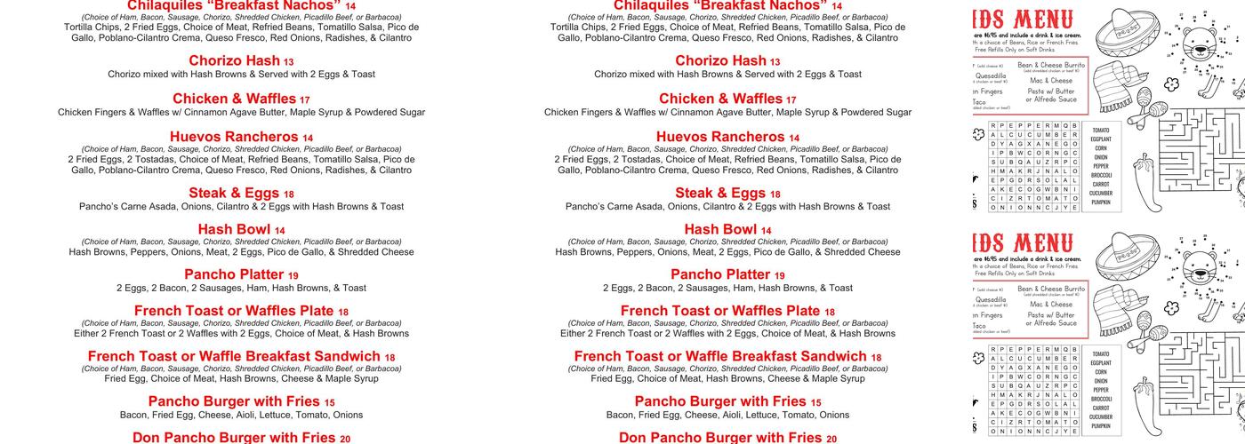 Panchos Cantina Menu