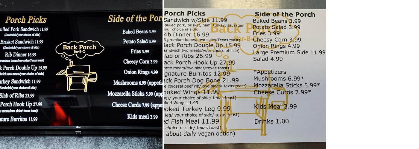 Back Porch Bar-B-Q Menu