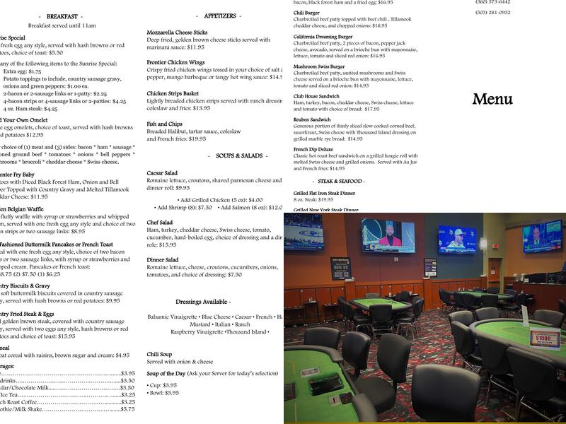 The Last Frontier Poker Room Menu