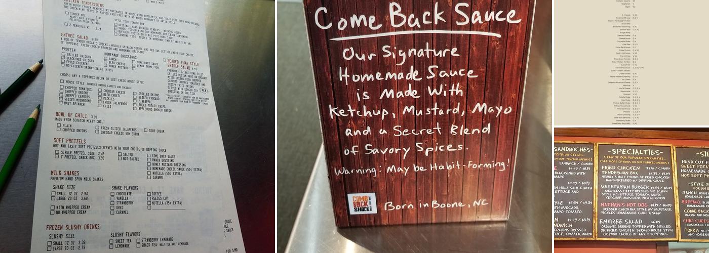 Come Back Shack Menu