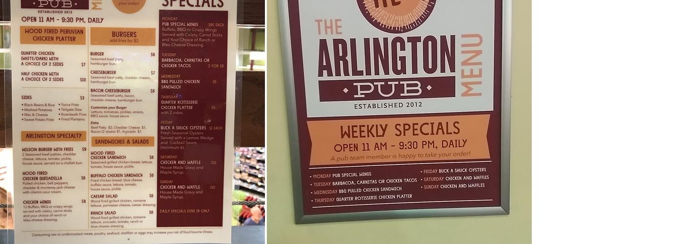 Arlington Pub Menu