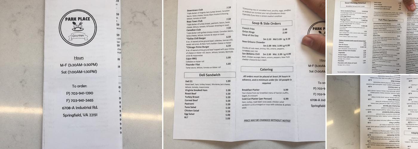 Park Place Gourmet Menu