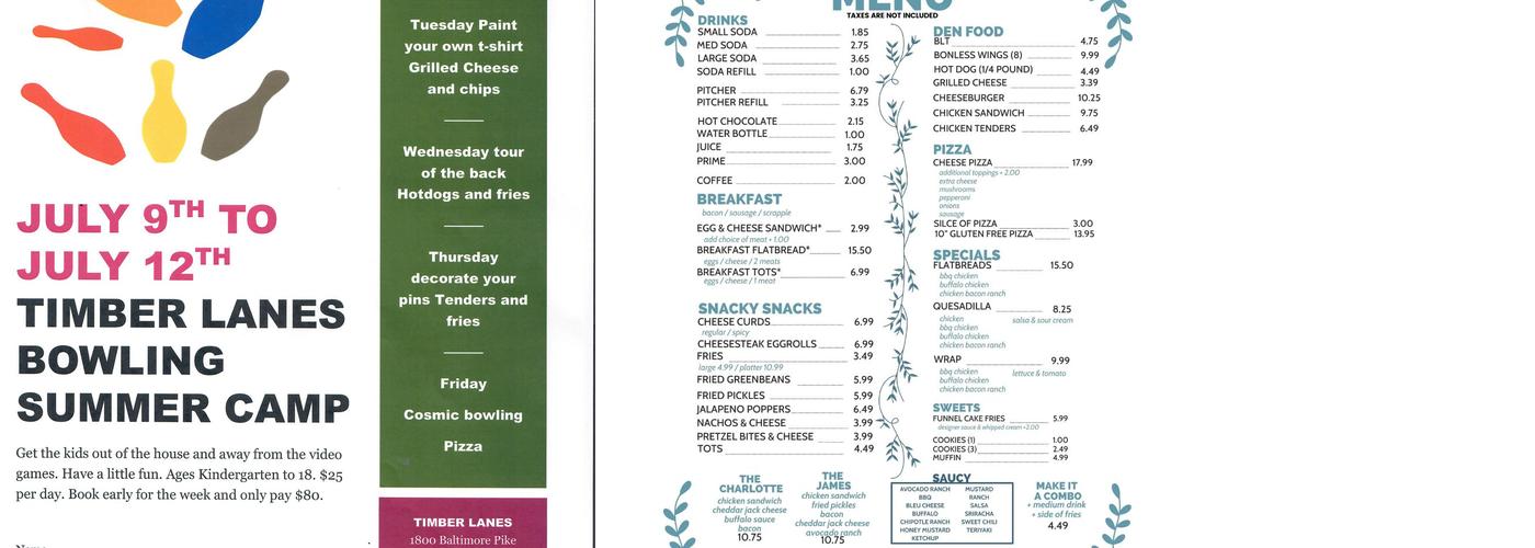 Timber Wolfe Lanes Menu