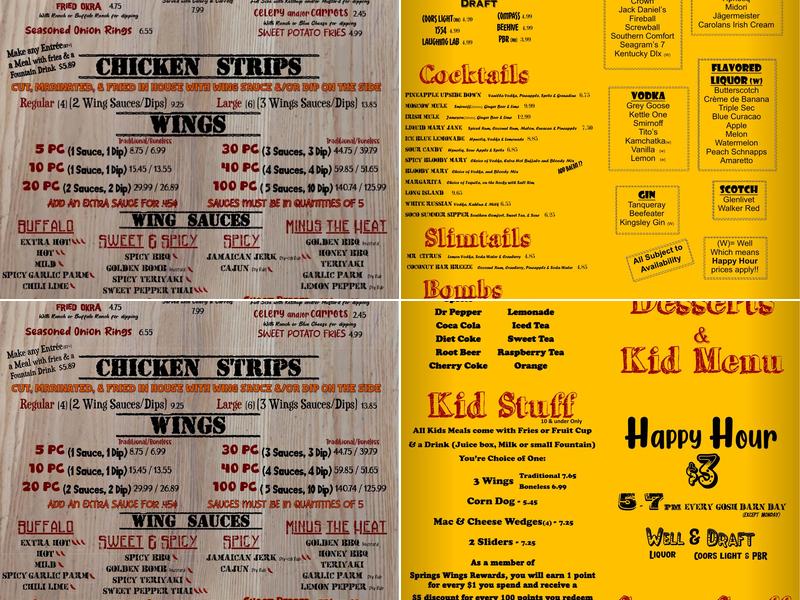 Springs Wings SW Menu