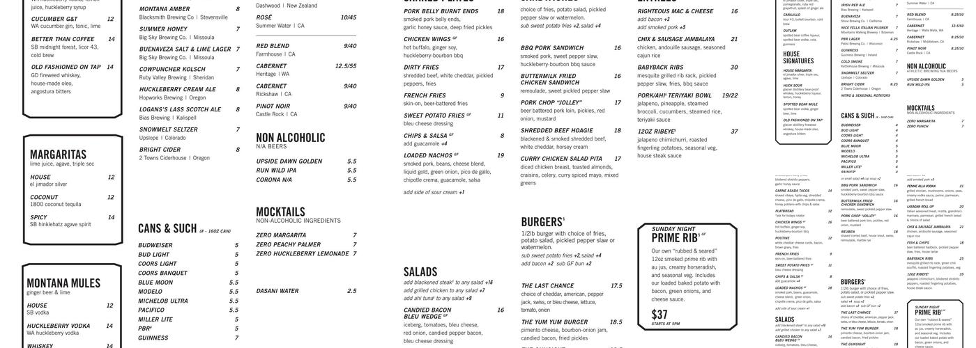 Gunsight Saloon Menu