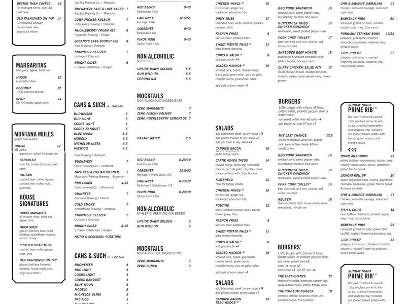Gunsight Saloon Menu