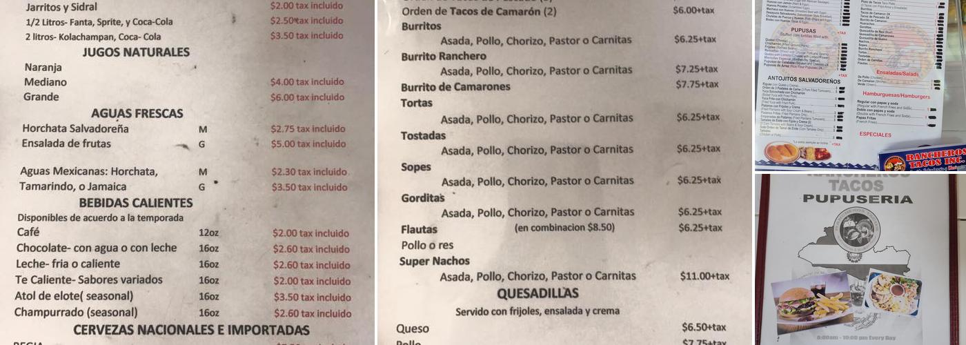Rancheros Tacos Pupuseria Menu