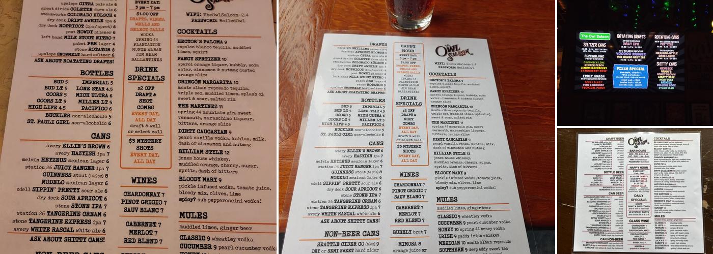 The Owl Saloon Menu