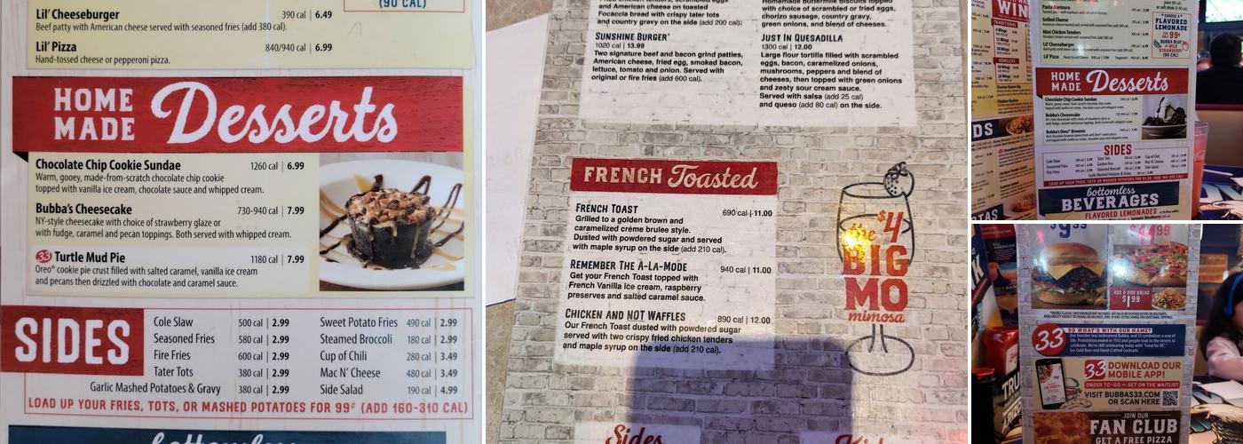 Bubba's 33 Menu