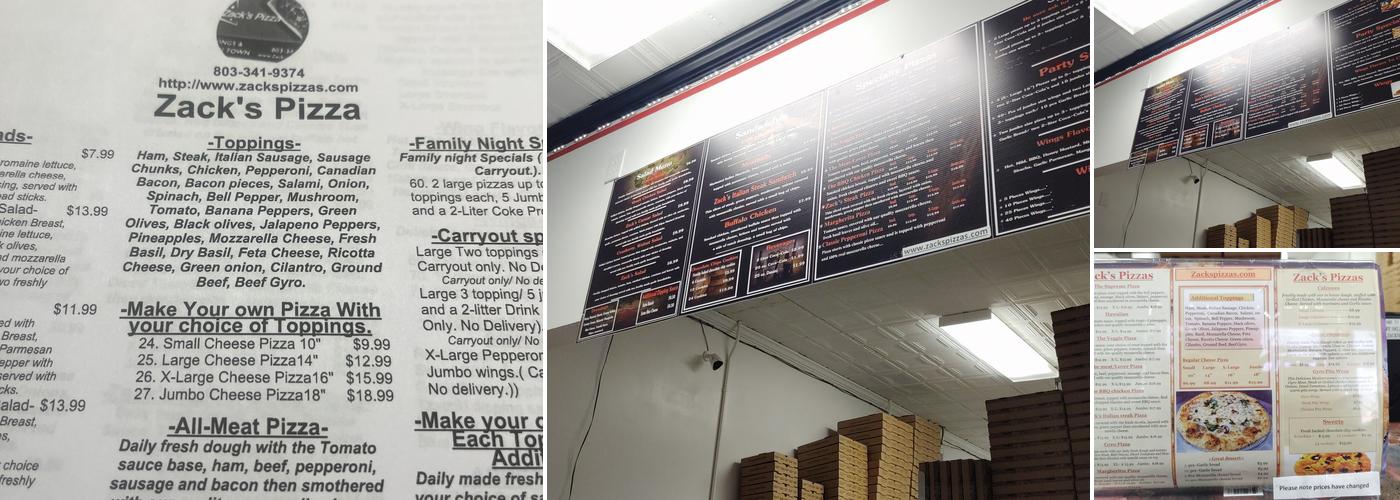 Zack's Pizza Menu
