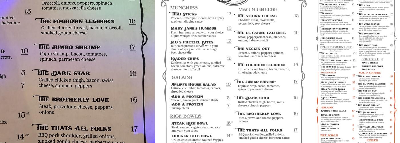 Spliffs Gastropub Menu