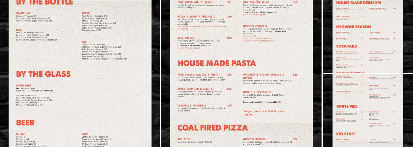 Nicky's Coal Fired Menu