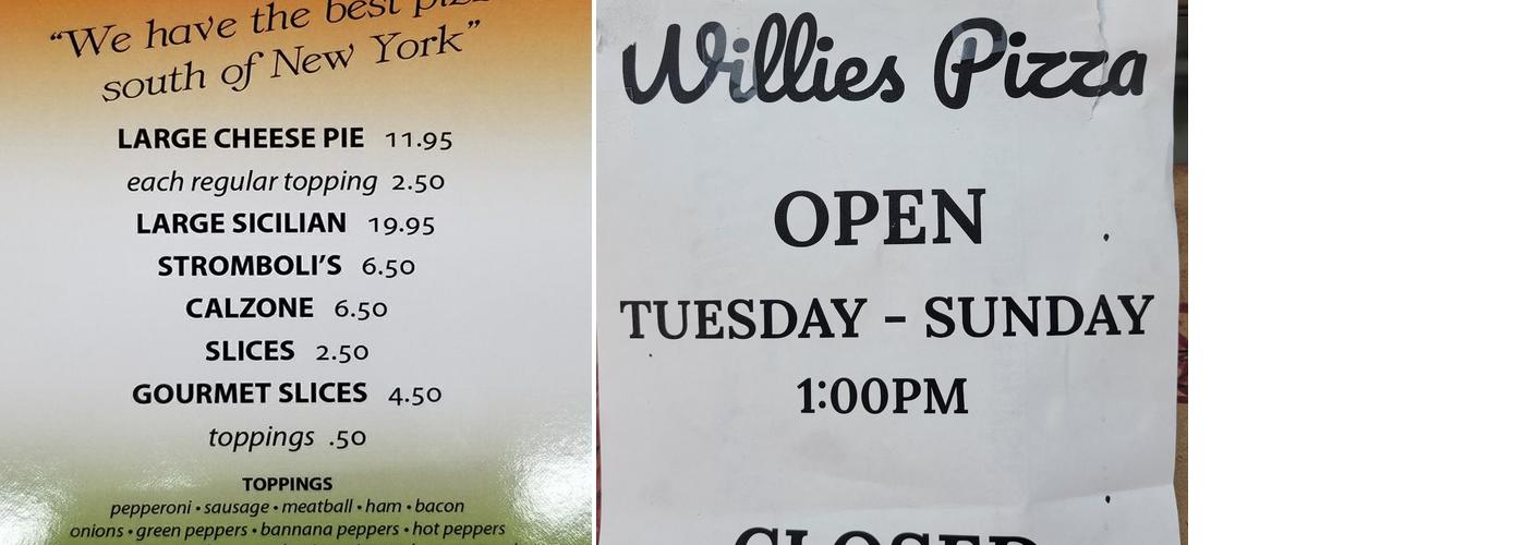 Willie's Pizza Menu