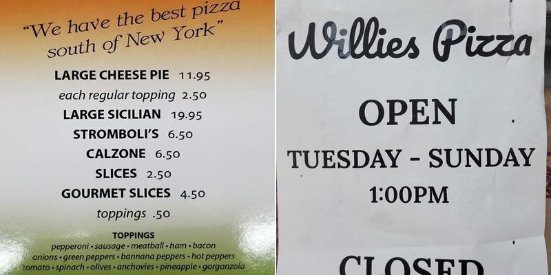 Willie's Pizza Menu
