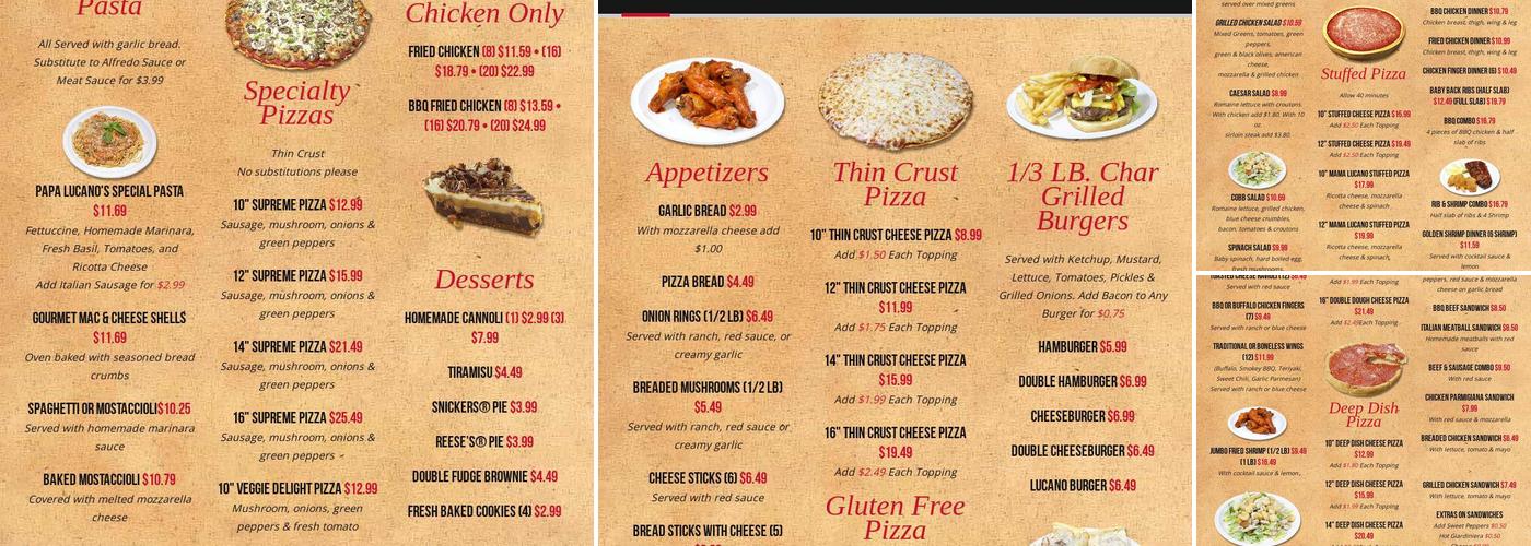 Lucano's Pizza Menu
