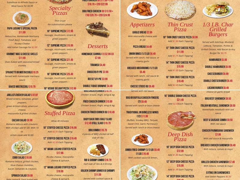 Lucano's Pizza Menu