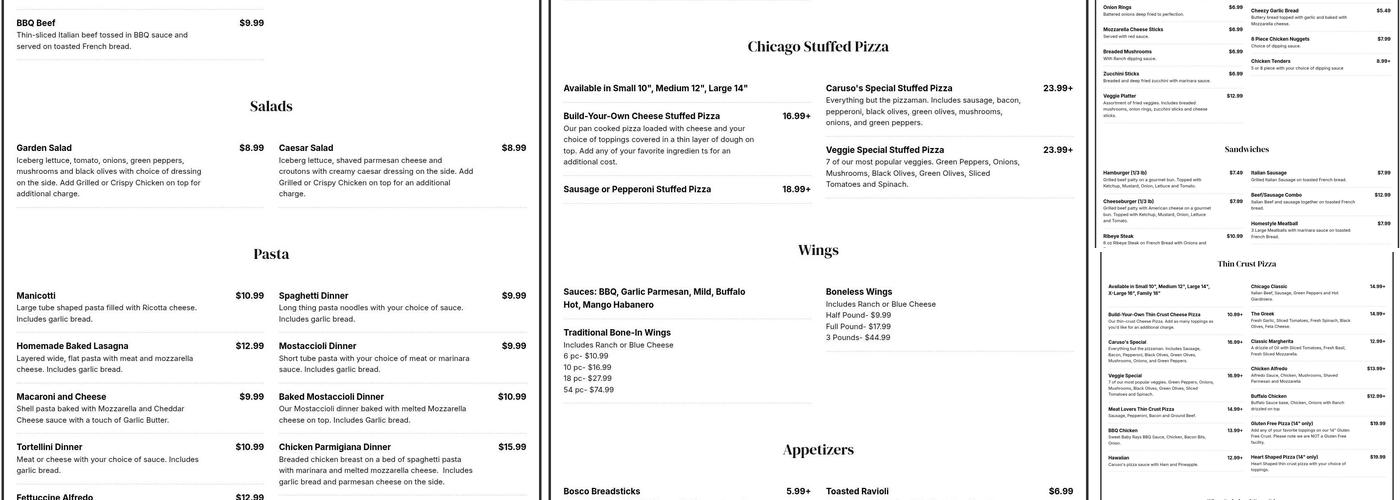 Caruso's Pizza Menu
