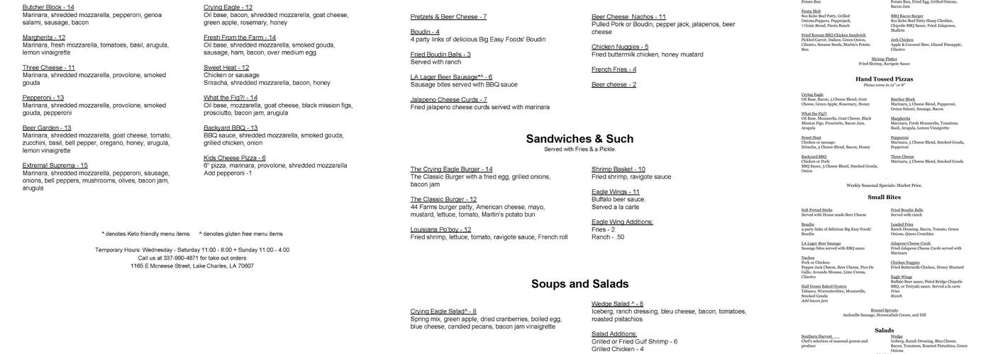 Crying Eagle Brewing Company Menu