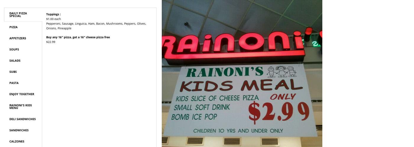 Rainoni's Pizza Menu