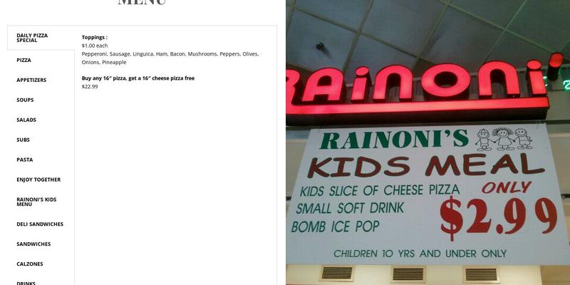 Rainoni's Pizza Menu