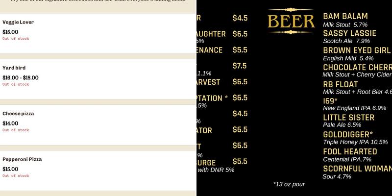 Tenacity Brewing Menu