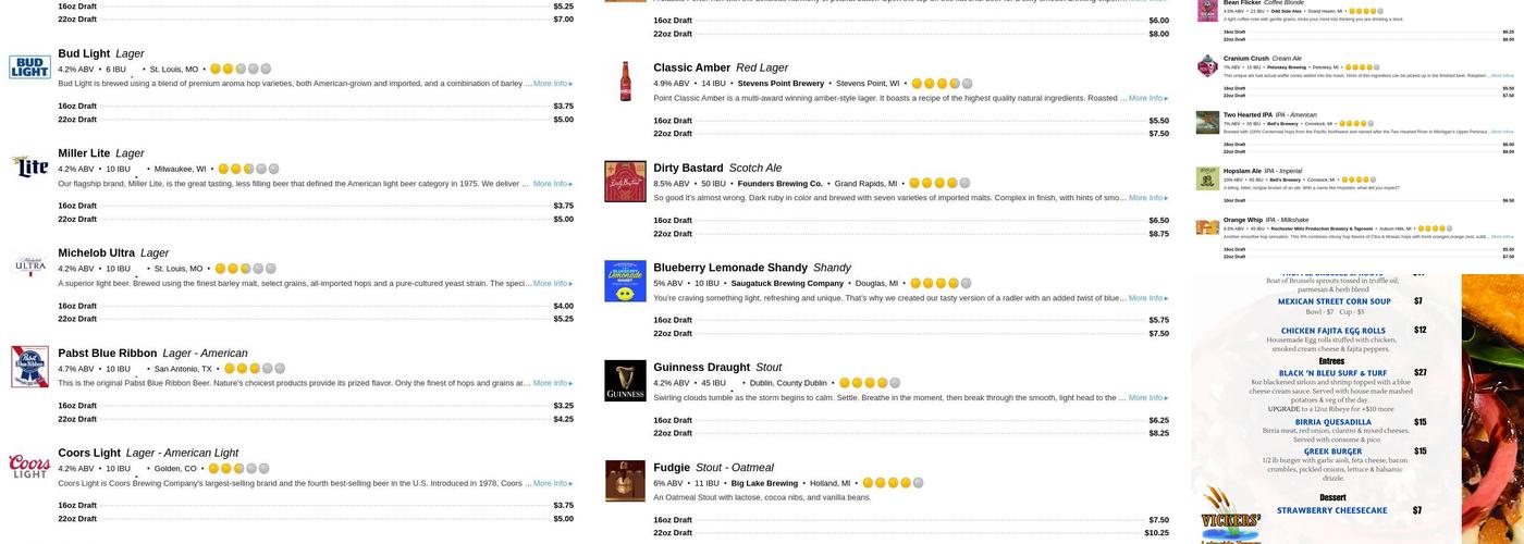 Vickers Lakeside Tavern Menu