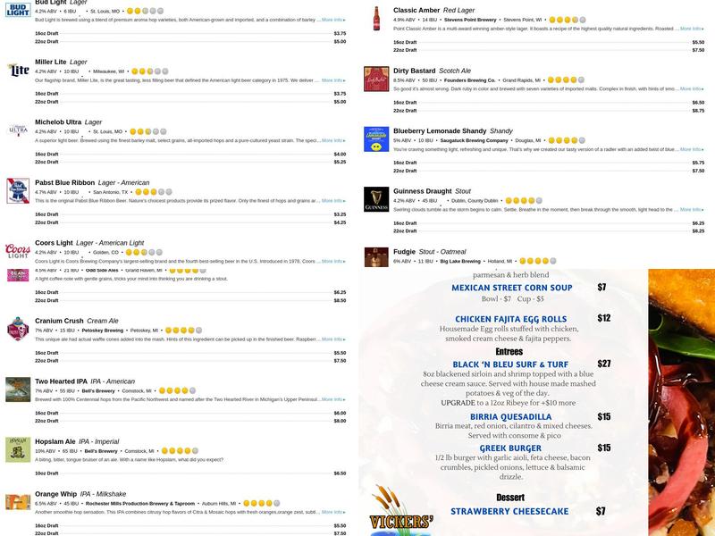 Vickers Lakeside Tavern Menu