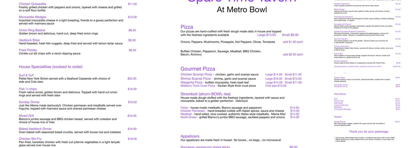 Spare Time Tavern Menu