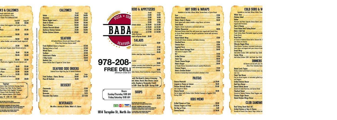 Baba's Pizza Menu