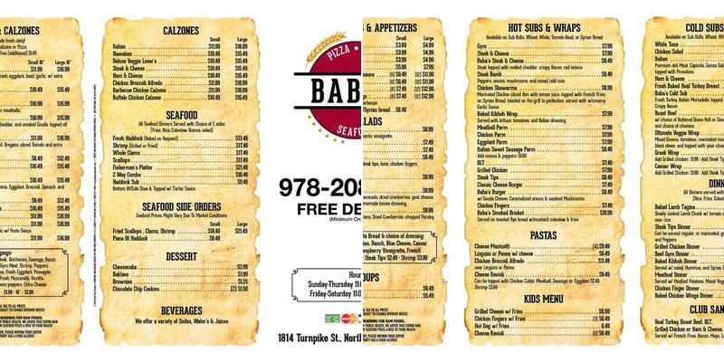 Baba's Pizza Menu
