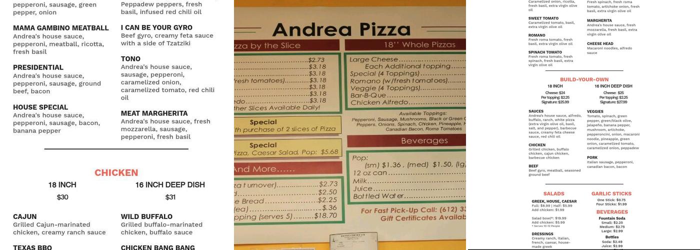 Andrea Pizza Menu