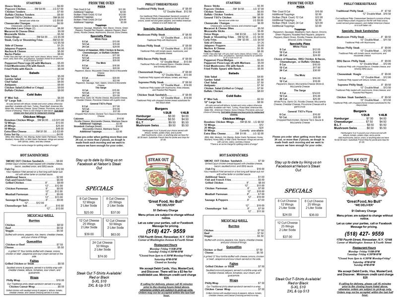 Nelsons Steak Out Menu