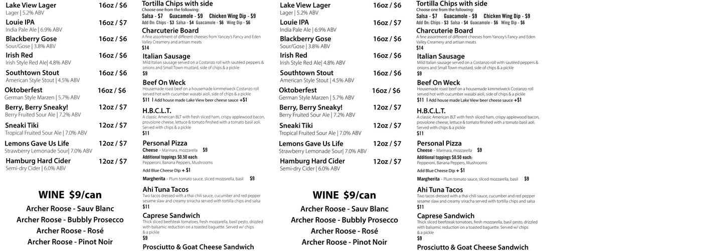 Hamburg Brewing Company Menu