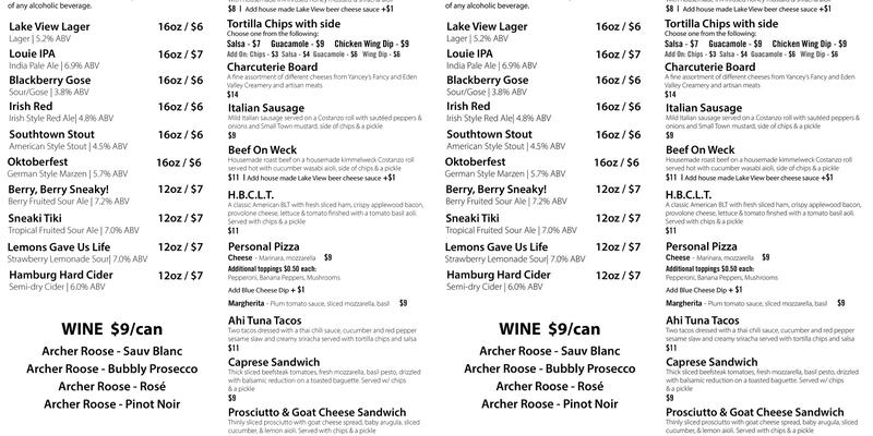 Hamburg Brewing Company Menu