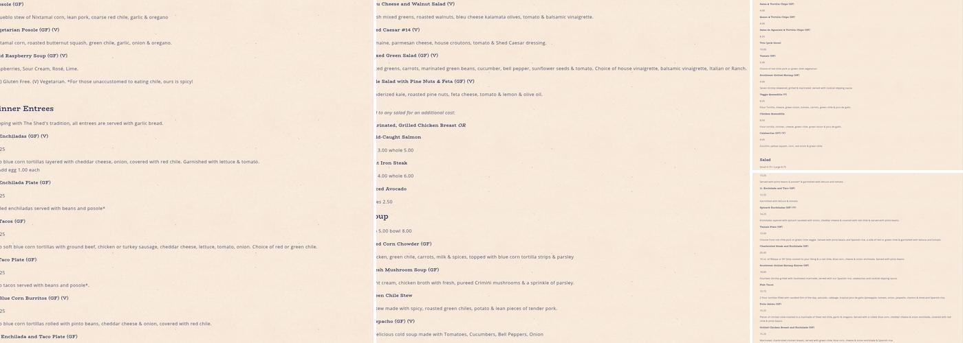 The Shed Restaurant Menu