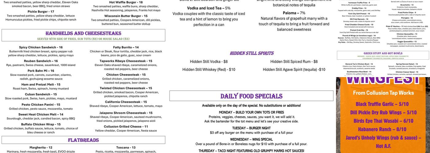 Collusion Tap Works Menu