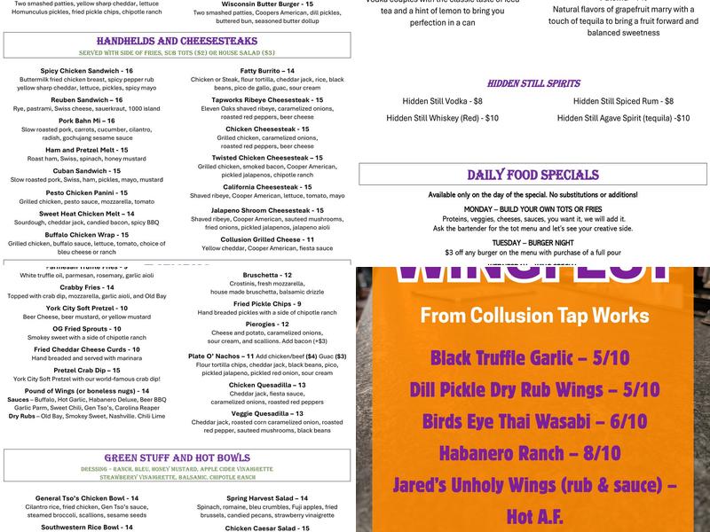 Collusion Tap Works Menu