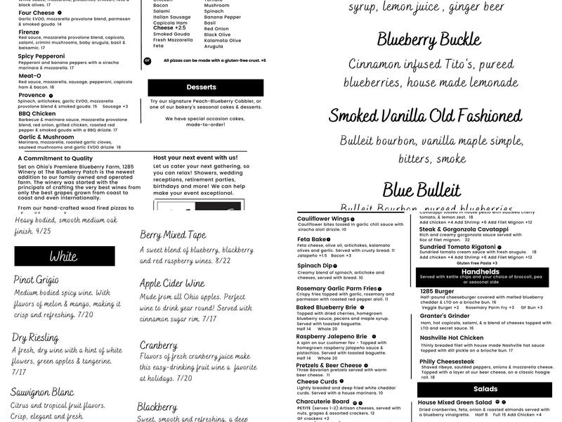 1285 Winery Menu