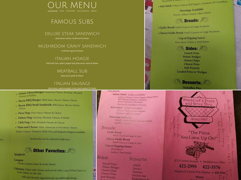 Shaddock's Pizza and Drive Thru Menu