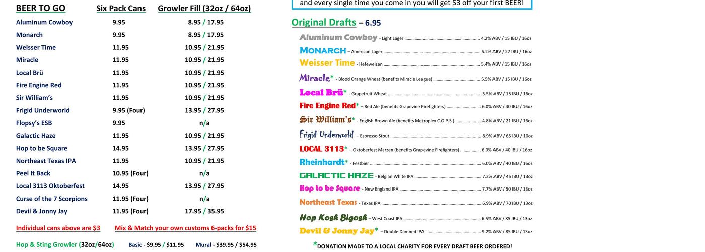 Hop and Sting Brewing Company Menu