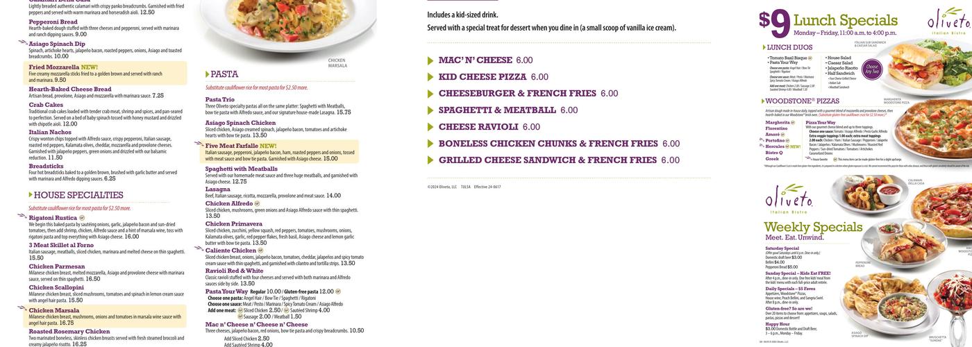 Oliveto Italian Bistro Menu