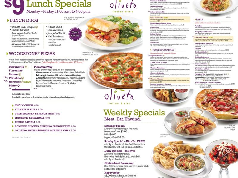 Oliveto Italian Bistro Menu