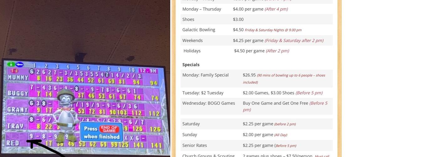 Sparetime Lanes Menu