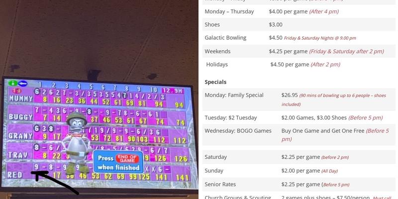 Sparetime Lanes Menu