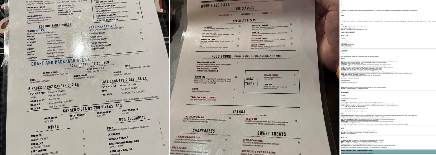 Drake's: The Barn Menu