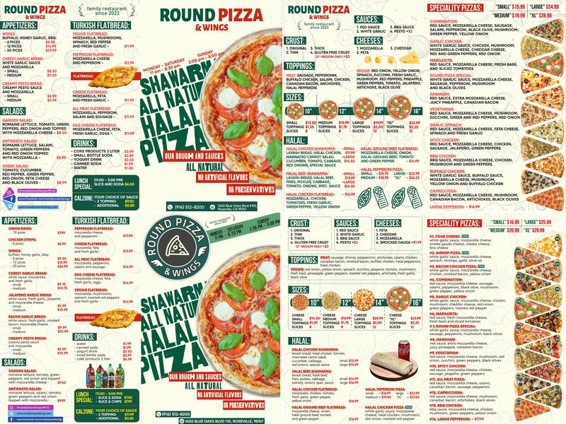 Round Pizza & Wings Menu